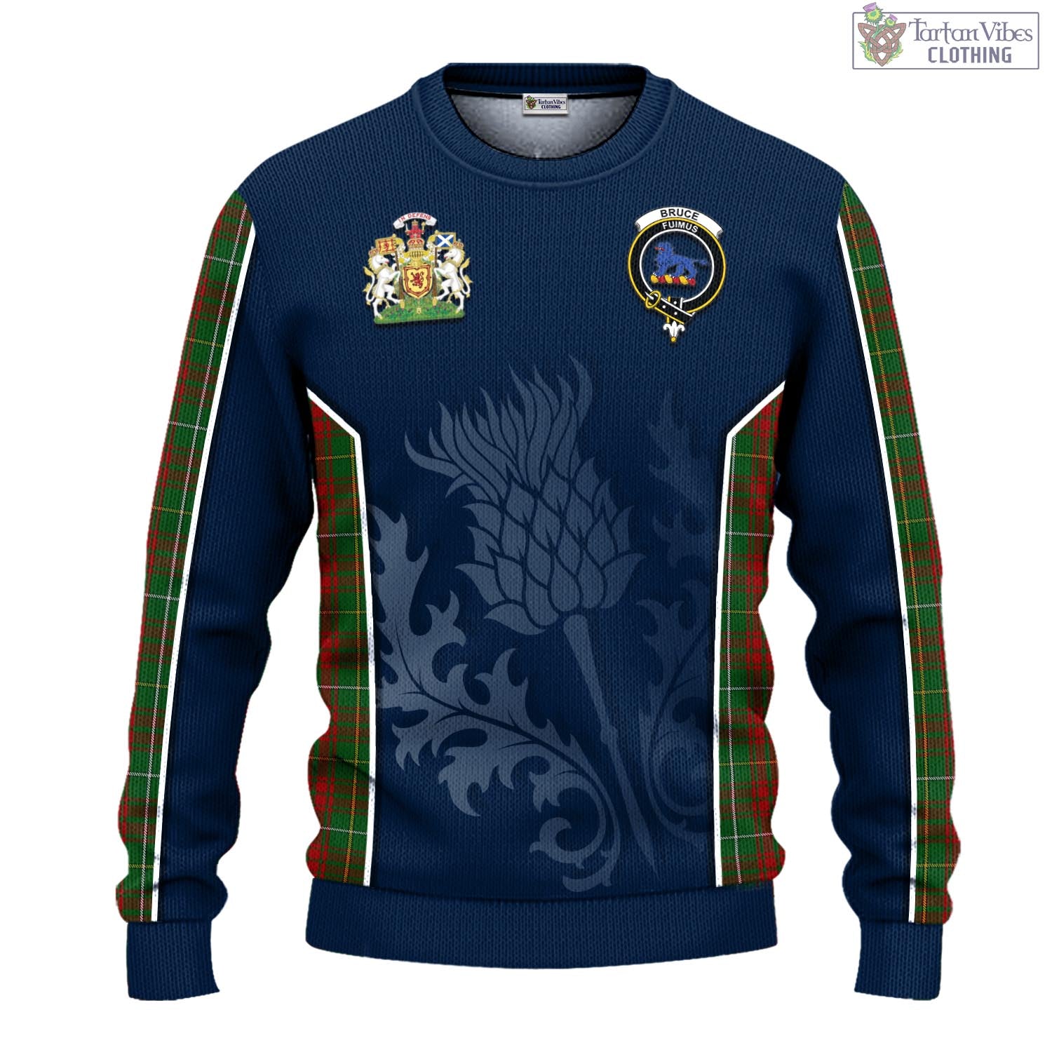 Tartan Vibes Clothing Bruce Hunting Tartan Knitted Sweatshirt with Family Crest and Scottish Thistle Vibes Sport Style