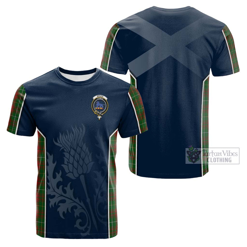 Tartan Vibes Clothing Bruce Hunting Tartan Cotton T-shirt with Family Crest and Scottish Thistle Vibes Sport Style