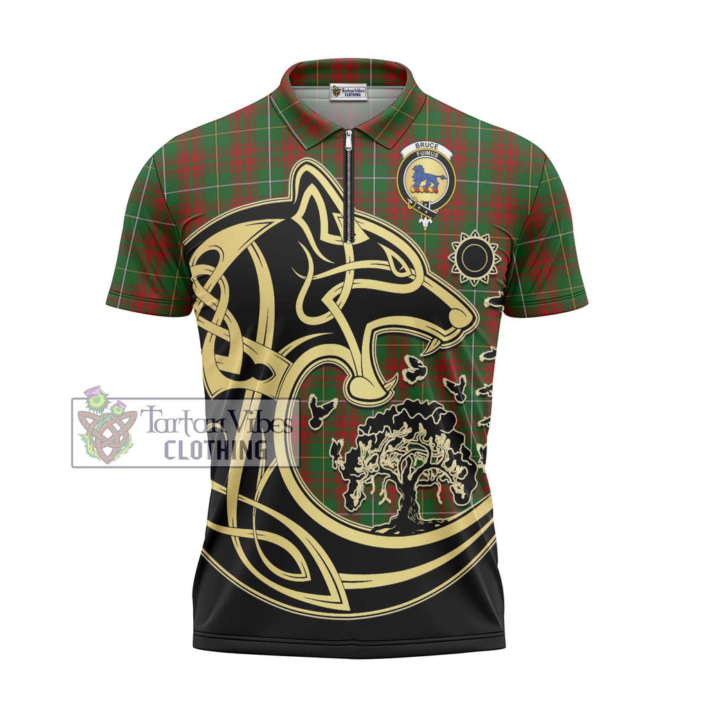 Bruce Hunting Tartan Zipper Polo Shirt with Family Crest Celtic Wolf Style - Tartanvibesclothing Shop