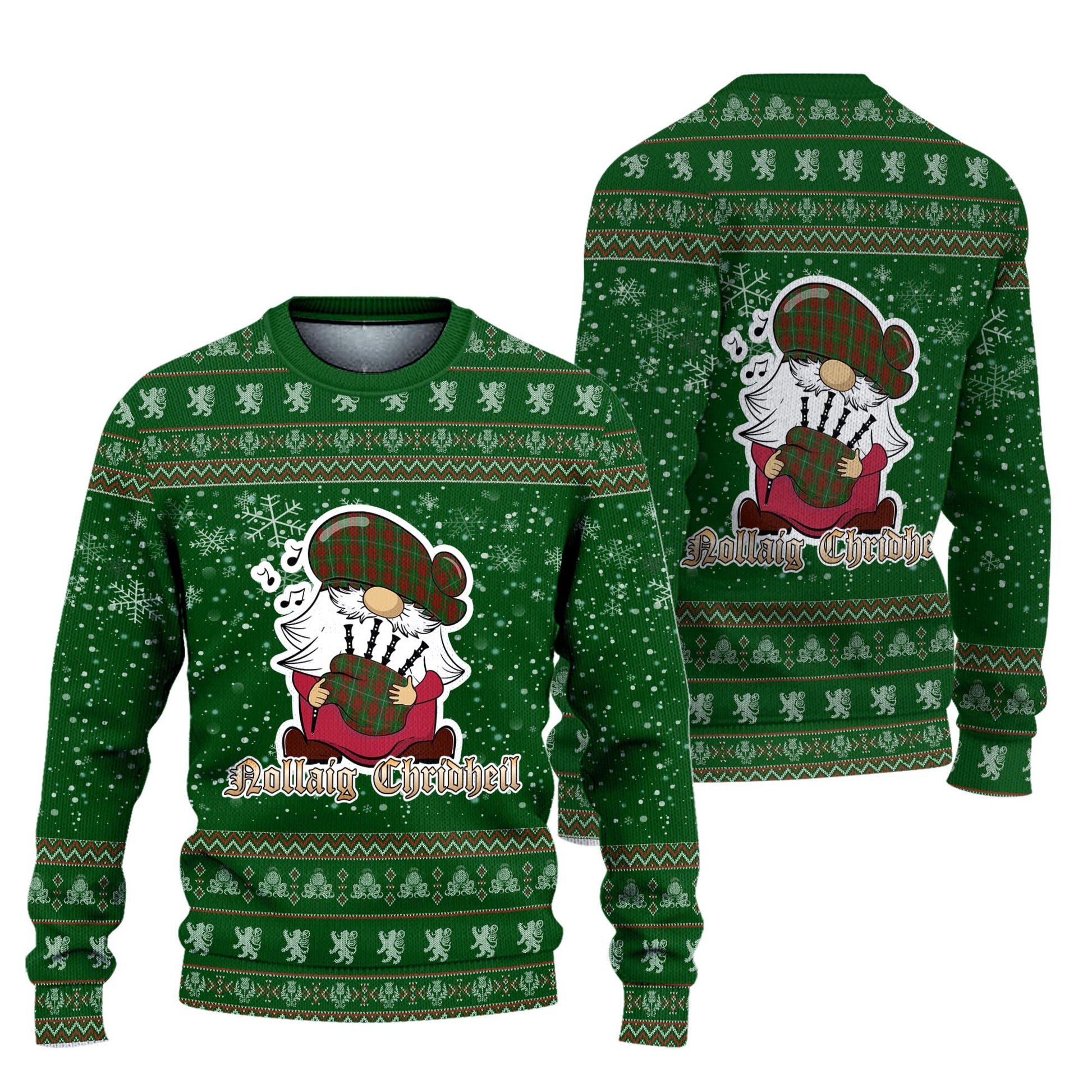 Bruce Hunting Clan Christmas Family Knitted Sweater with Funny Gnome Playing Bagpipes Unisex Green - Tartanvibesclothing