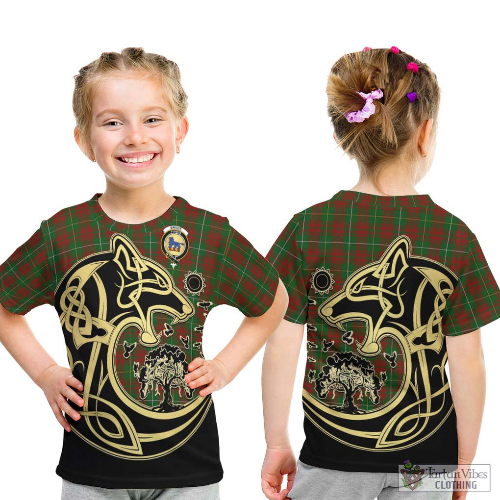 Bruce Hunting Tartan Kid T-Shirt with Family Crest Celtic Wolf Style - Tartan Vibes Clothing