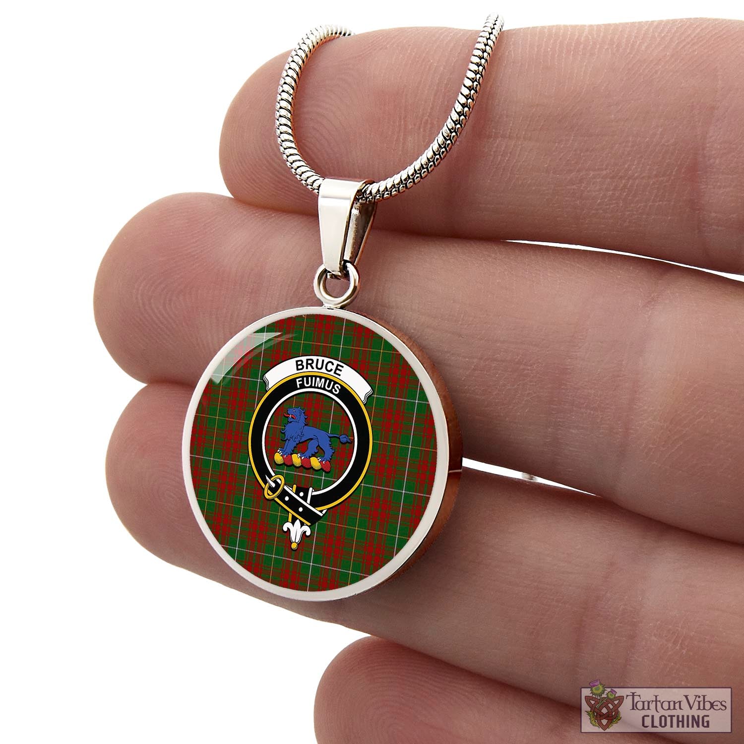 Tartan Vibes Clothing Bruce Hunting Tartan Circle Necklace with Family Crest