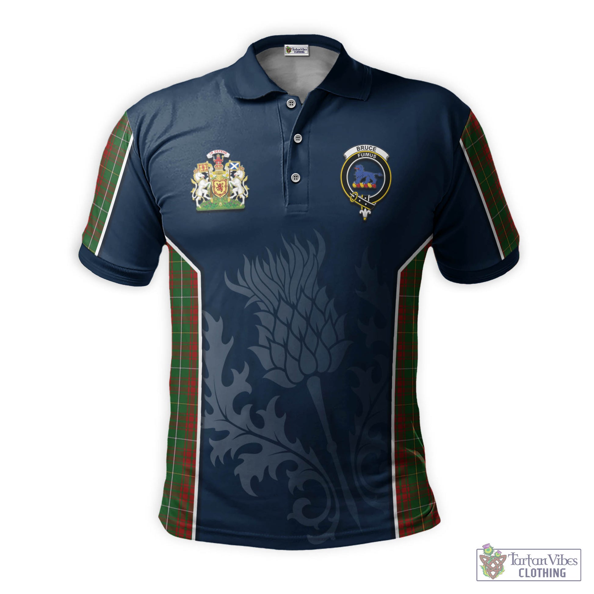 Tartan Vibes Clothing Bruce Hunting Tartan Men's Polo Shirt with Family Crest and Scottish Thistle Vibes Sport Style