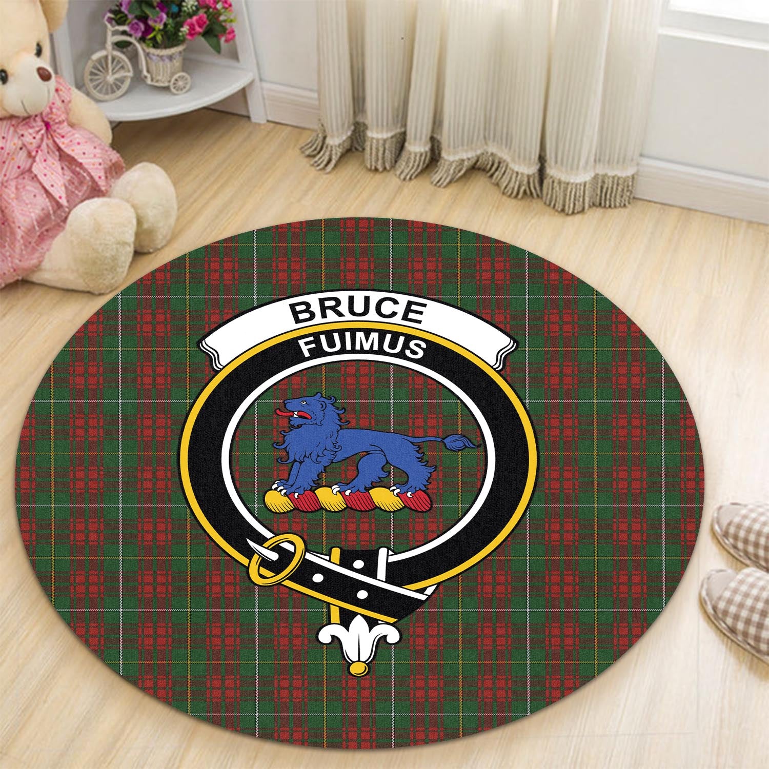 Bruce Hunting Tartan Round Rug with Family Crest - Tartanvibesclothing