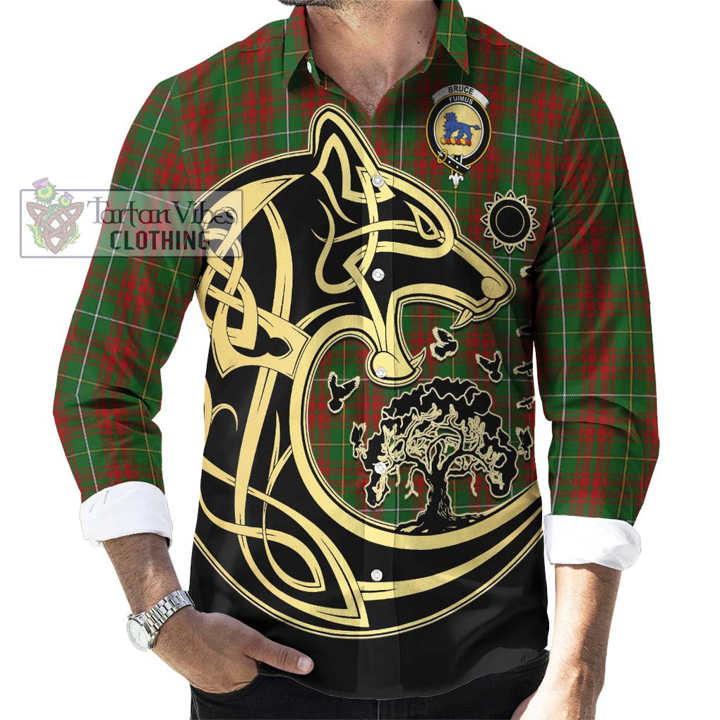 Bruce Hunting Tartan Long Sleeve Button Shirt with Family Crest Celtic Wolf Style - Tartan Vibes Clothing