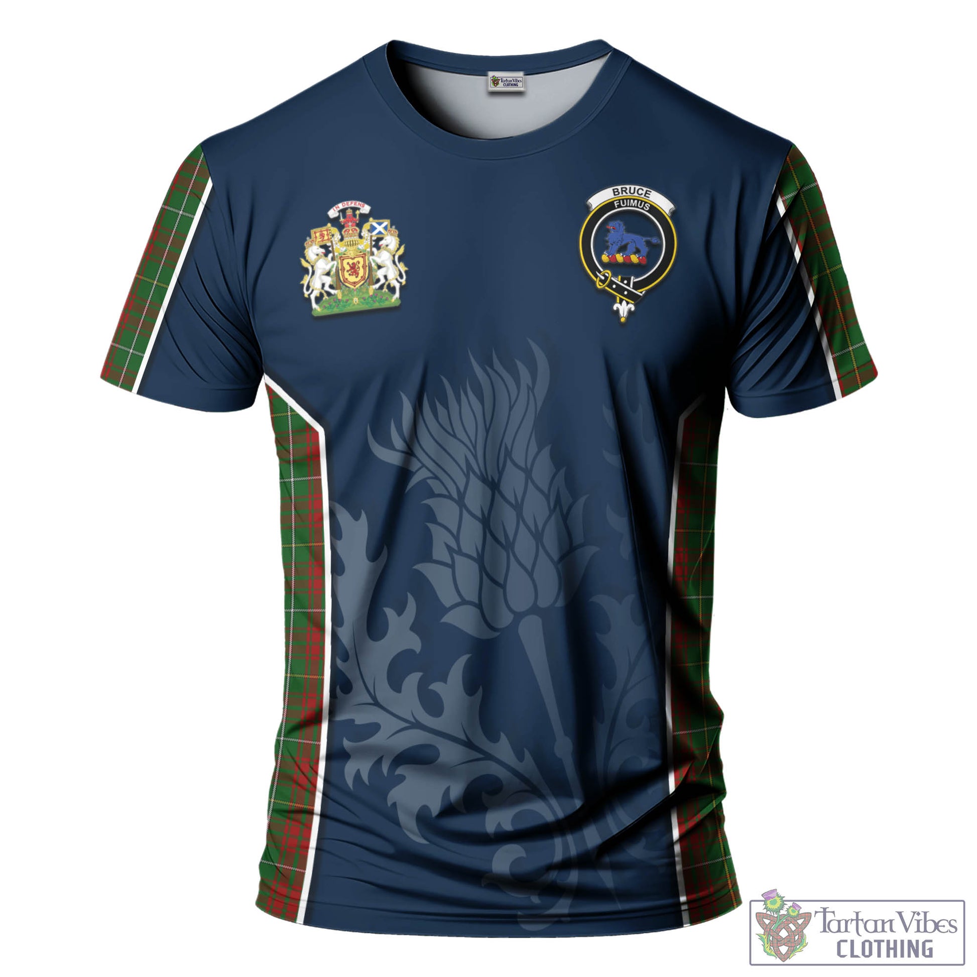 Tartan Vibes Clothing Bruce Hunting Tartan T-Shirt with Family Crest and Scottish Thistle Vibes Sport Style