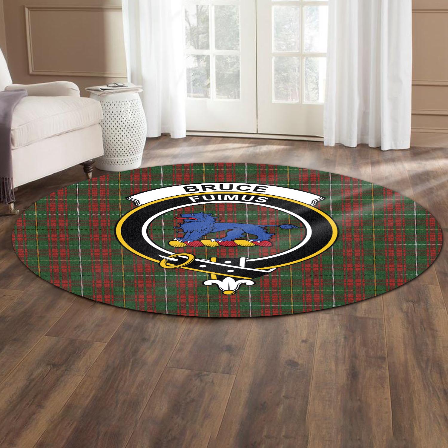 Bruce Hunting Tartan Round Rug with Family Crest - Tartanvibesclothing