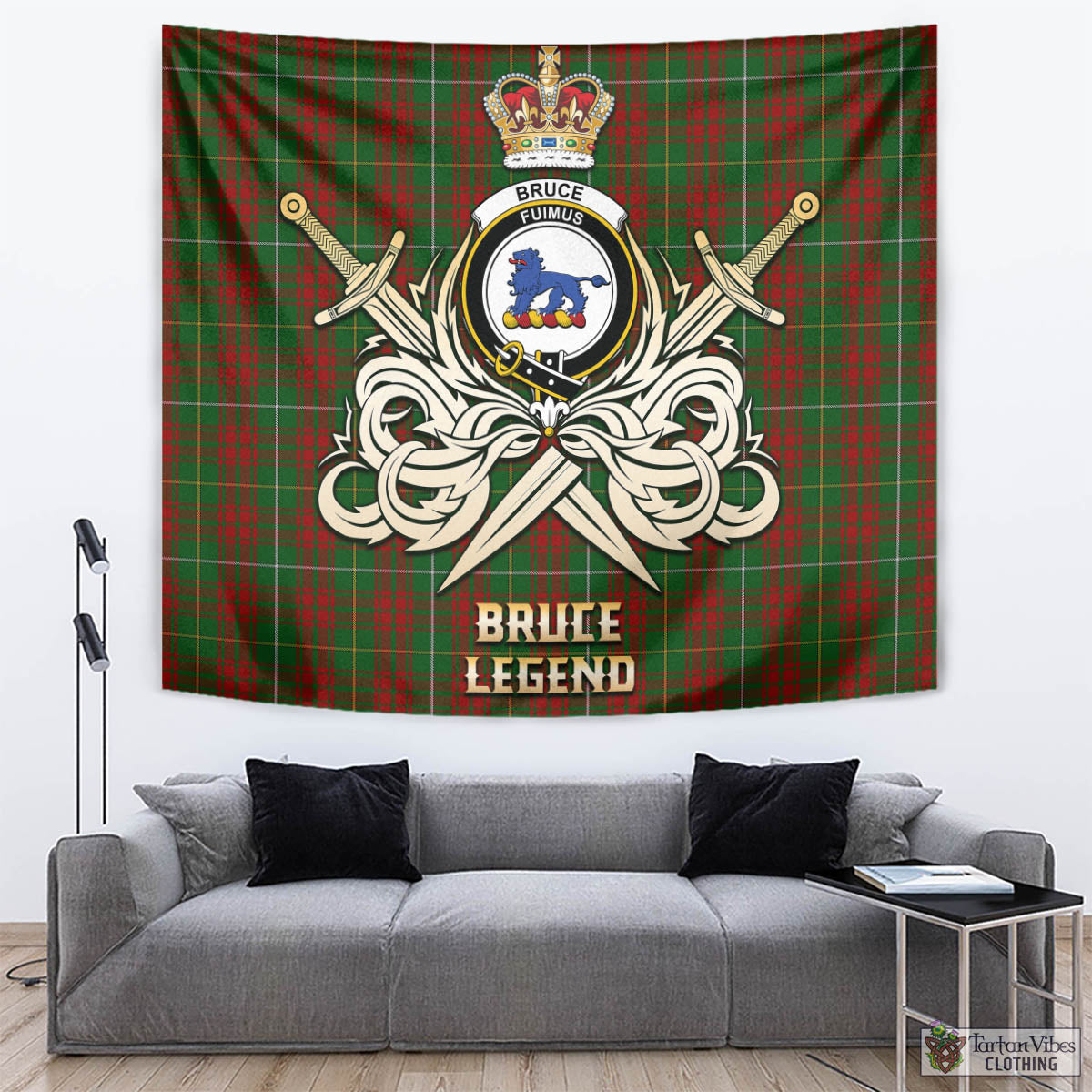 Tartan Vibes Clothing Bruce Hunting Tartan Tapestry with Clan Crest and the Golden Sword of Courageous Legacy