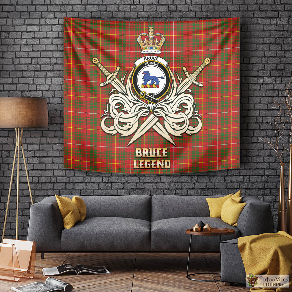 Tartan Vibes Clothing Bruce Modern Tartan Tapestry with Clan Crest and the Golden Sword of Courageous Legacy