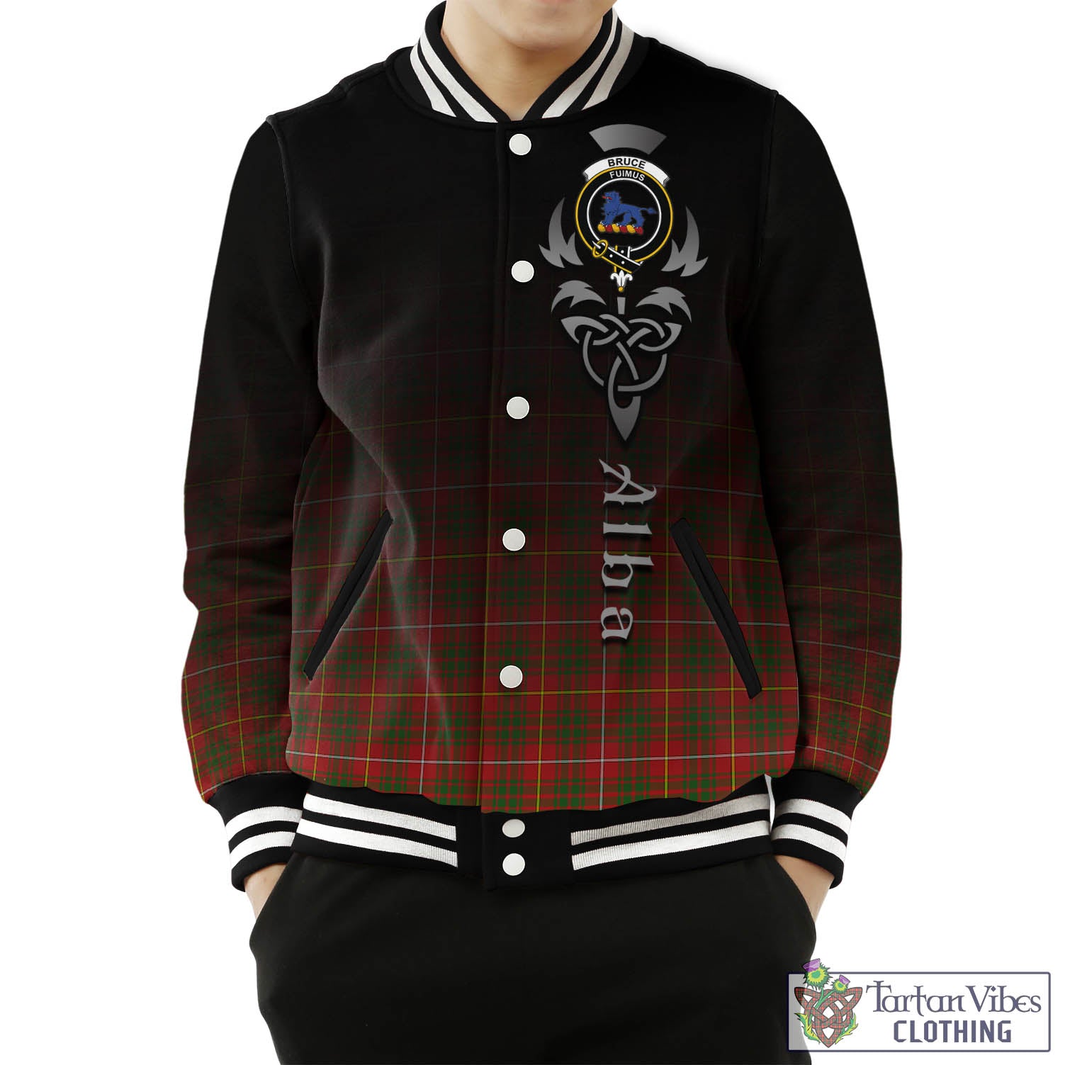 Tartan Vibes Clothing Bruce Modern Tartan Baseball Jacket Featuring Alba Gu Brath Family Crest Celtic Inspired