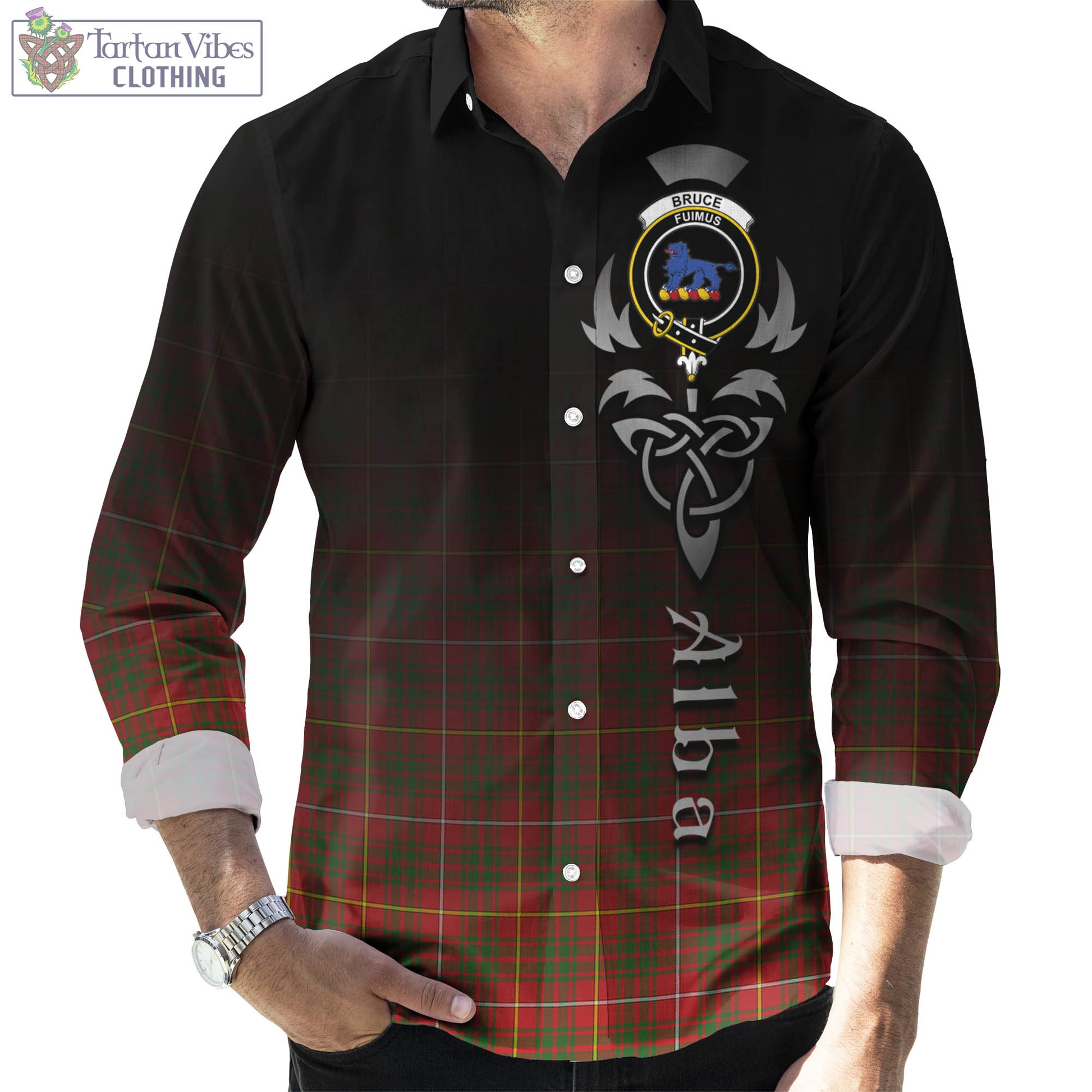 Tartan Vibes Clothing Bruce Modern Tartan Long Sleeve Button Up Featuring Alba Gu Brath Family Crest Celtic Inspired