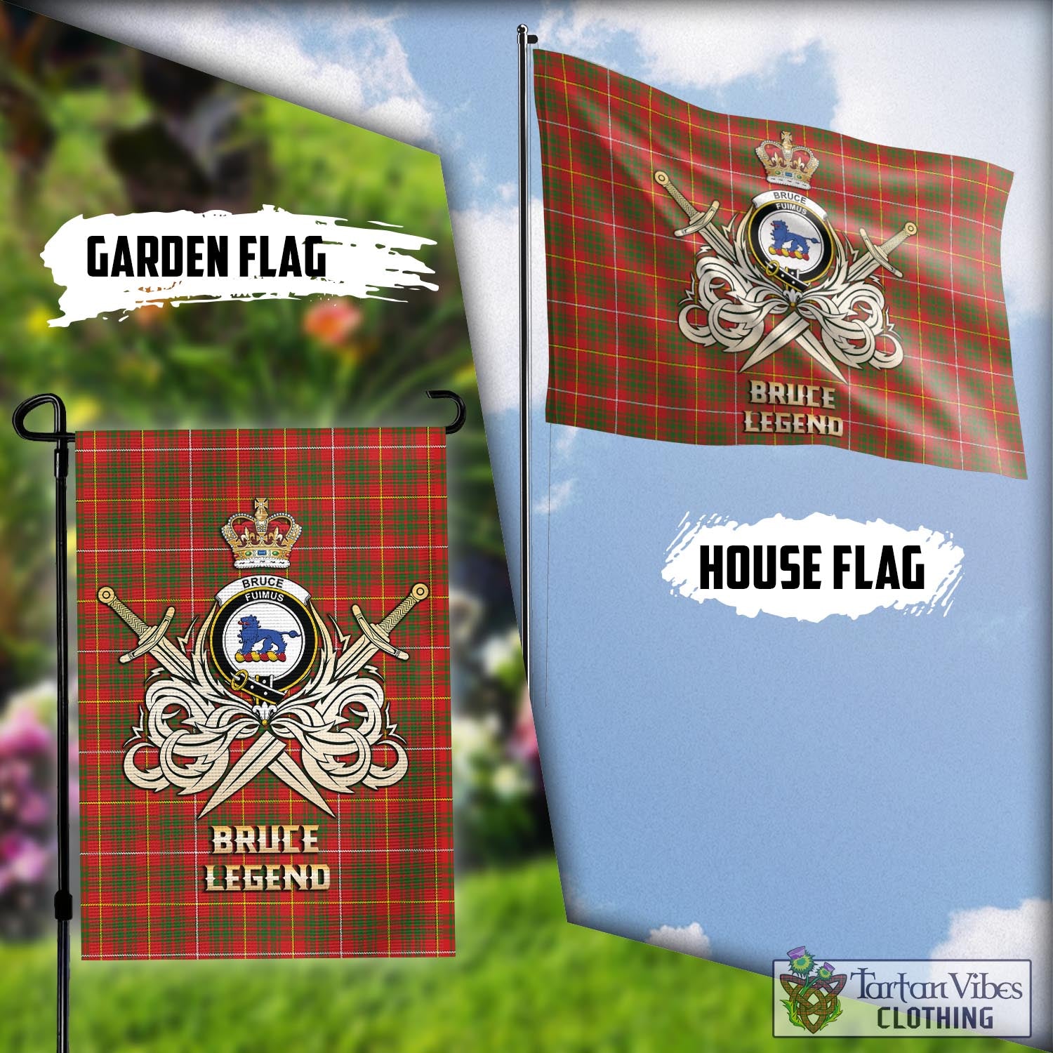 Tartan Vibes Clothing Bruce Modern Tartan Flag with Clan Crest and the Golden Sword of Courageous Legacy