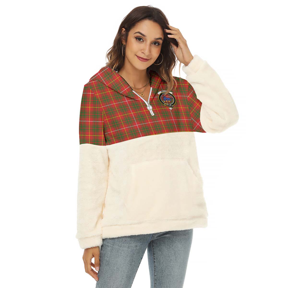 Bruce Modern Tartan Women's Borg Fleece Hoodie With Half Zip with Family Crest Female - Tartan Vibes Clothing