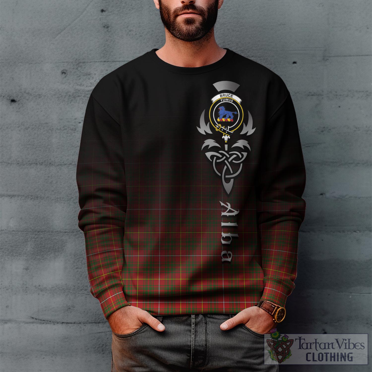 Tartan Vibes Clothing Bruce Modern Tartan Sweatshirt Featuring Alba Gu Brath Family Crest Celtic Inspired