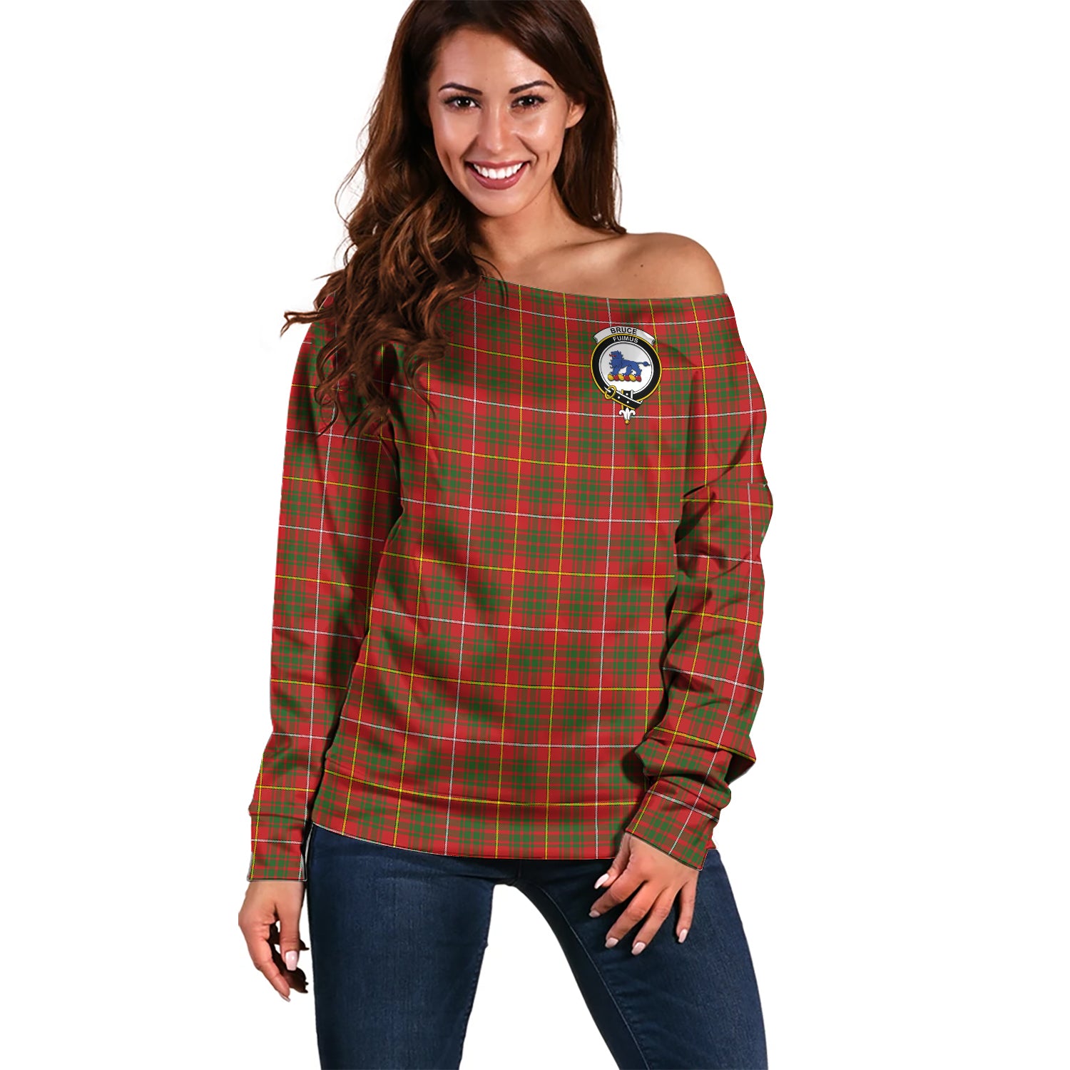 Bruce Modern Tartan Off Shoulder Women Sweater with Family Crest Women - Tartanvibesclothing