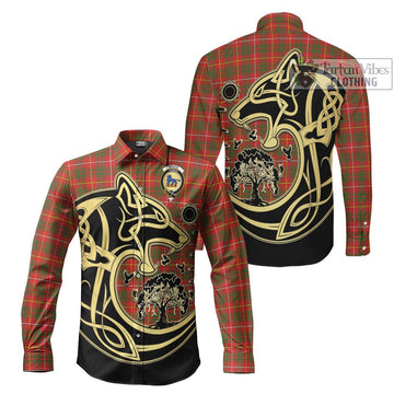 Bruce Modern Tartan Long Sleeve Button Shirt with Family Crest Celtic Wolf Style