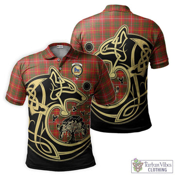 Bruce Modern Tartan Polo Shirt with Family Crest Celtic Wolf Style