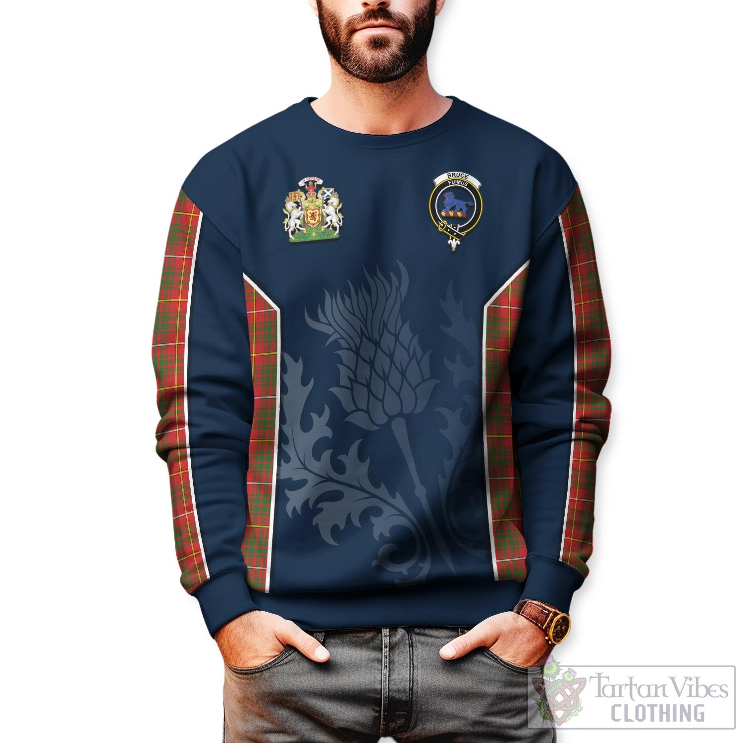 Tartan Vibes Clothing Bruce Modern Tartan Sweatshirt with Family Crest and Scottish Thistle Vibes Sport Style