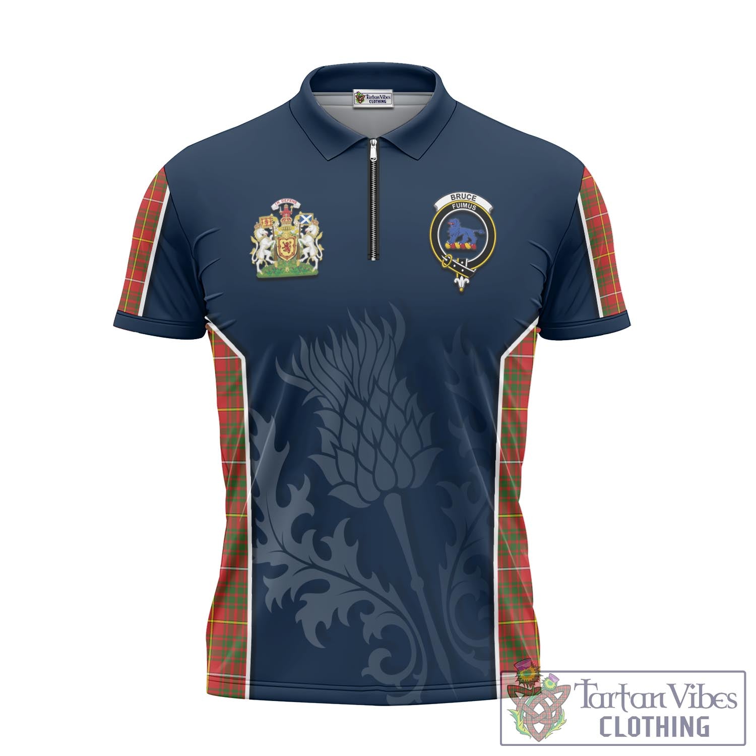 Tartan Vibes Clothing Bruce Modern Tartan Zipper Polo Shirt with Family Crest and Scottish Thistle Vibes Sport Style