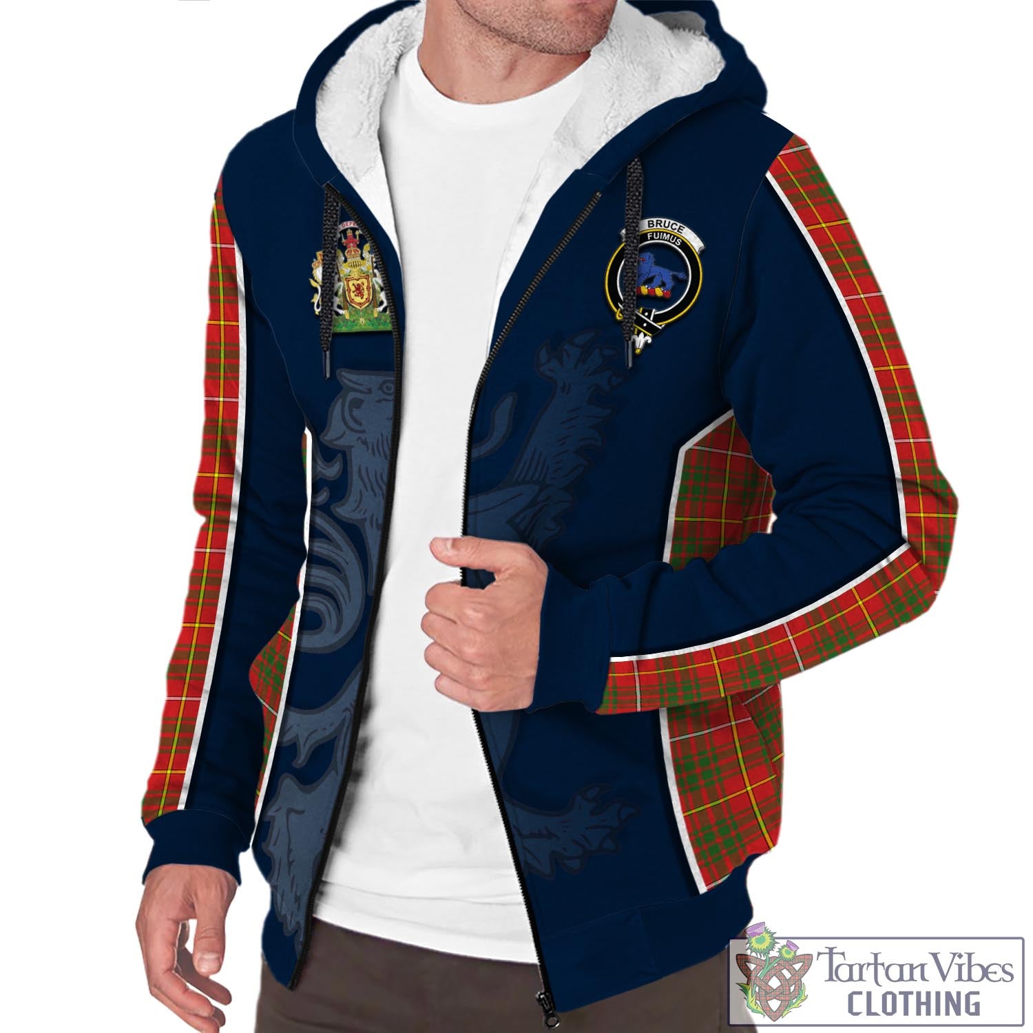 Tartan Vibes Clothing Bruce Modern Tartan Sherpa Hoodie with Family Crest and Lion Rampant Vibes Sport Style