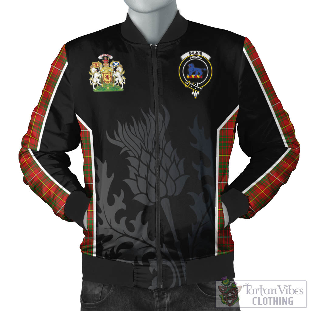 Tartan Vibes Clothing Bruce Modern Tartan Bomber Jacket with Family Crest and Scottish Thistle Vibes Sport Style