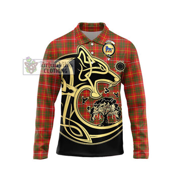 Bruce Modern Tartan Long Sleeve Polo Shirt with Family Crest Celtic Wolf Style