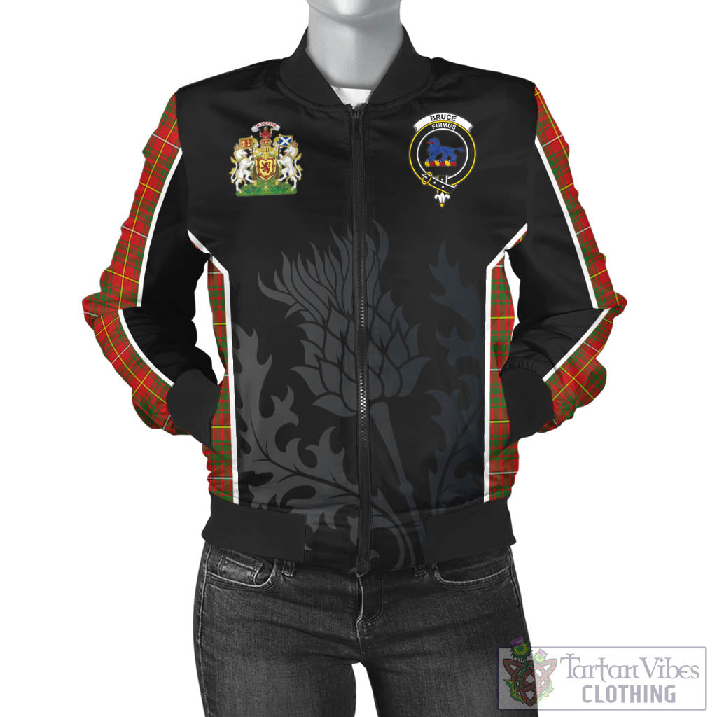 Tartan Vibes Clothing Bruce Modern Tartan Bomber Jacket with Family Crest and Scottish Thistle Vibes Sport Style