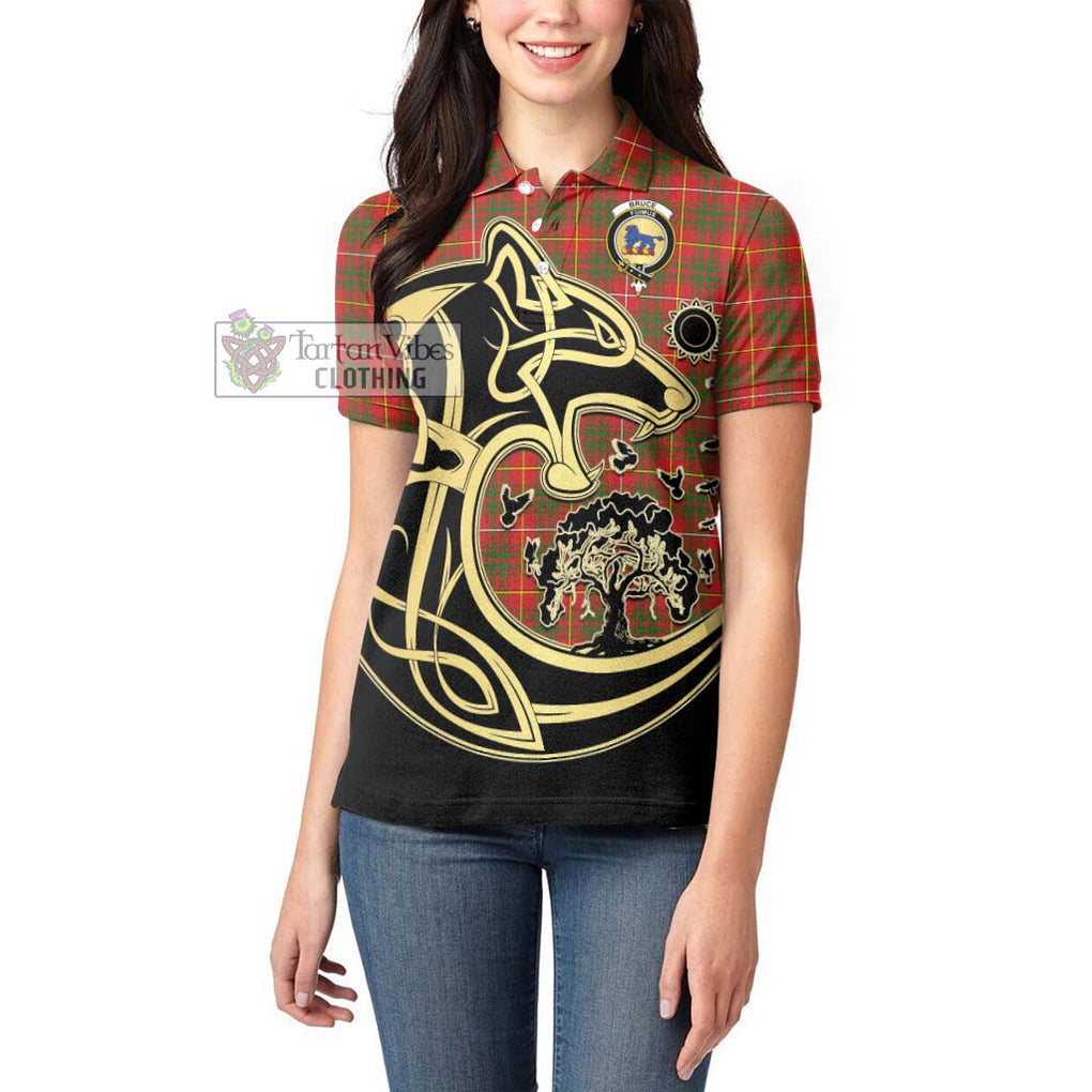 Bruce Modern Tartan Women's Polo Shirt with Family Crest Celtic Wolf Style - Tartanvibesclothing Shop