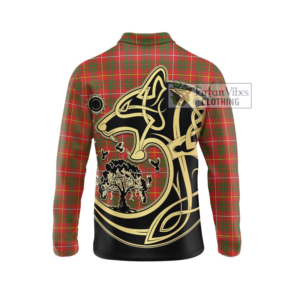 Bruce Modern Tartan Long Sleeve Polo Shirt with Family Crest Celtic Wolf Style - Tartanvibesclothing Shop