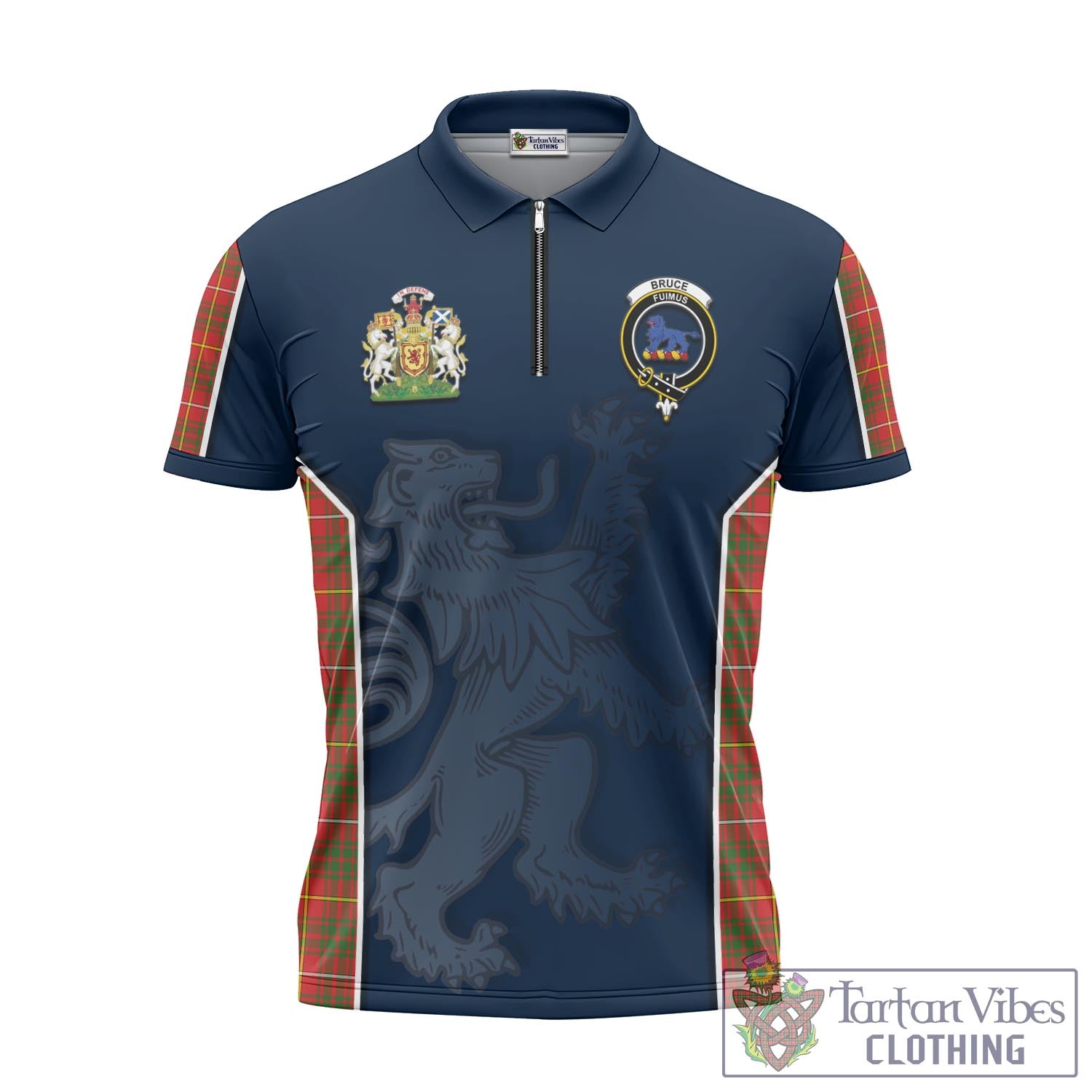 Tartan Vibes Clothing Bruce Modern Tartan Zipper Polo Shirt with Family Crest and Lion Rampant Vibes Sport Style