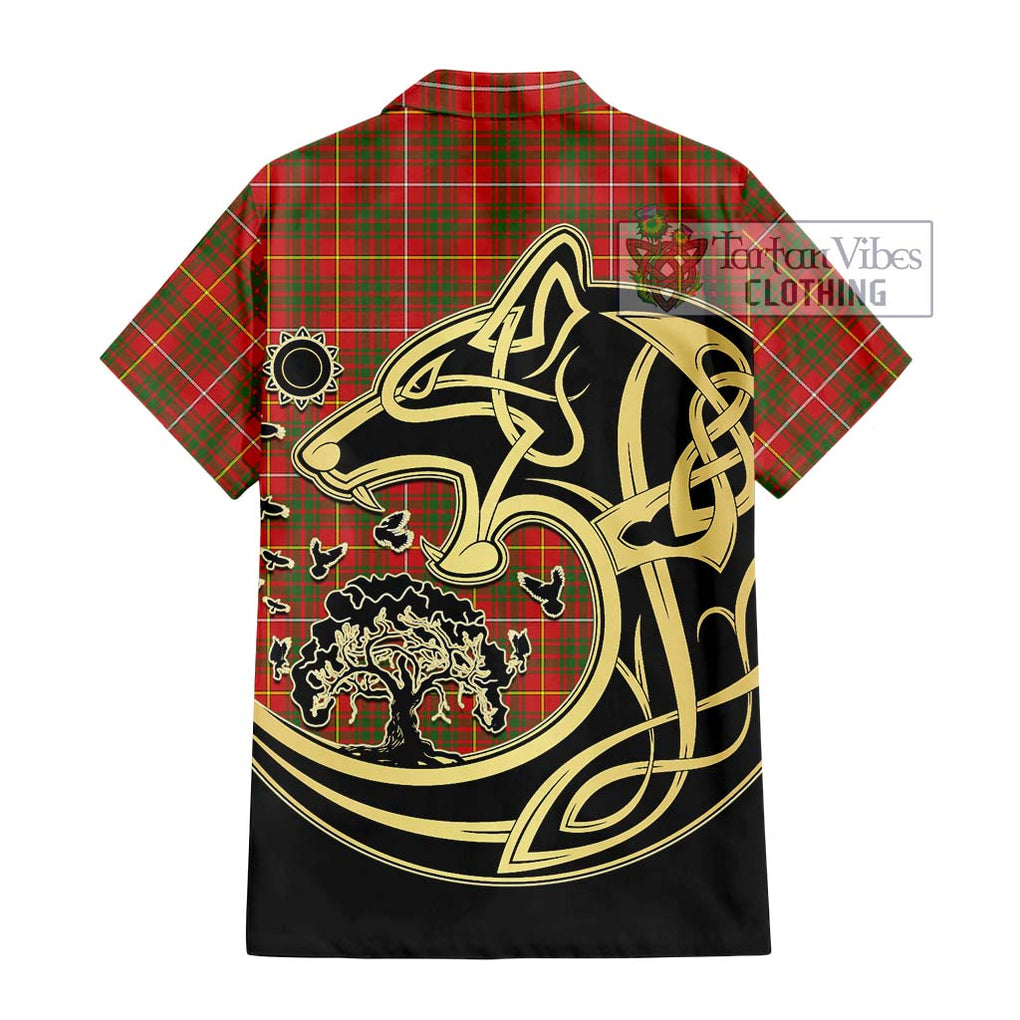 Bruce Modern Tartan Short Sleeve Button Shirt with Family Crest Celtic Wolf Style - Tartan Vibes Clothing