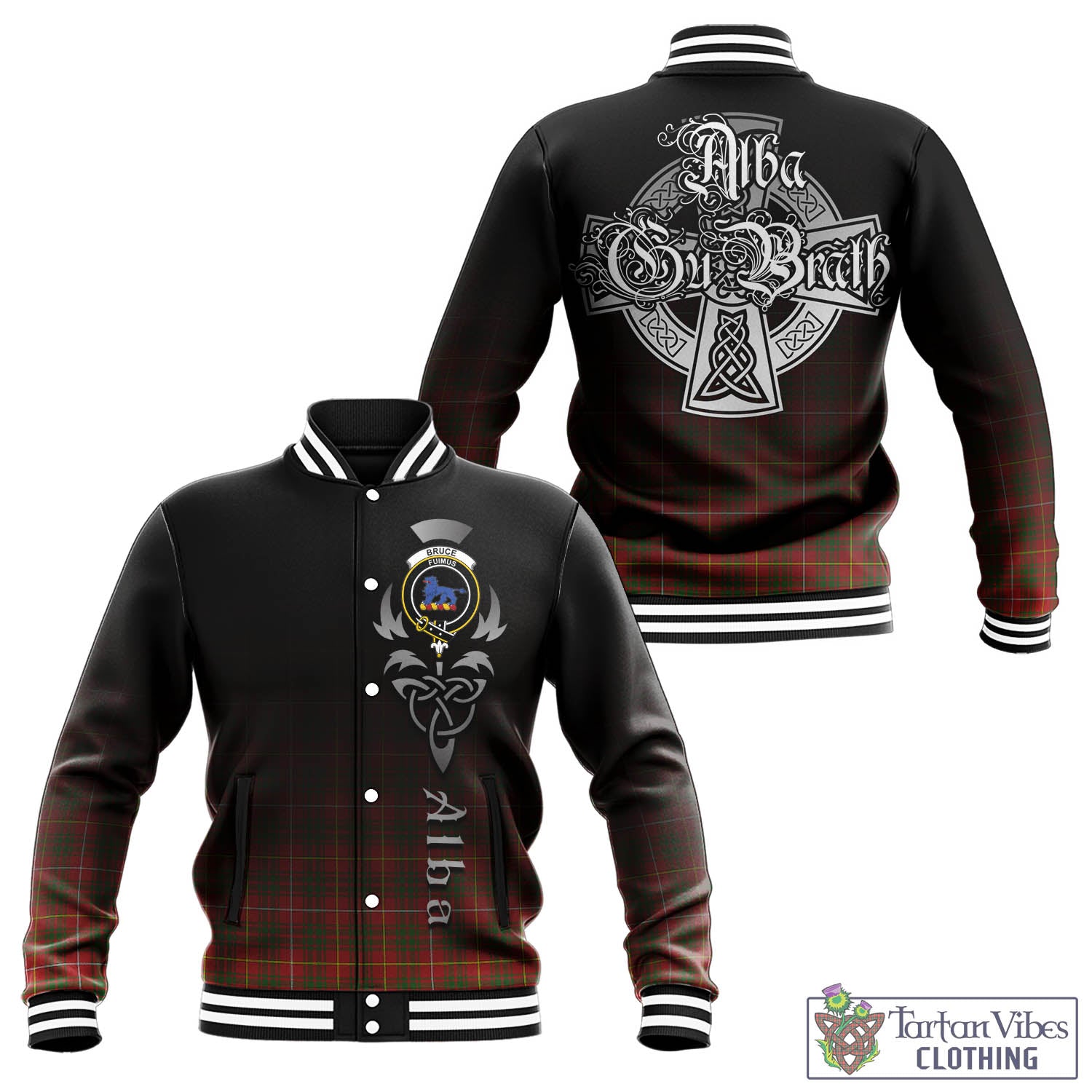 Tartan Vibes Clothing Bruce Modern Tartan Baseball Jacket Featuring Alba Gu Brath Family Crest Celtic Inspired