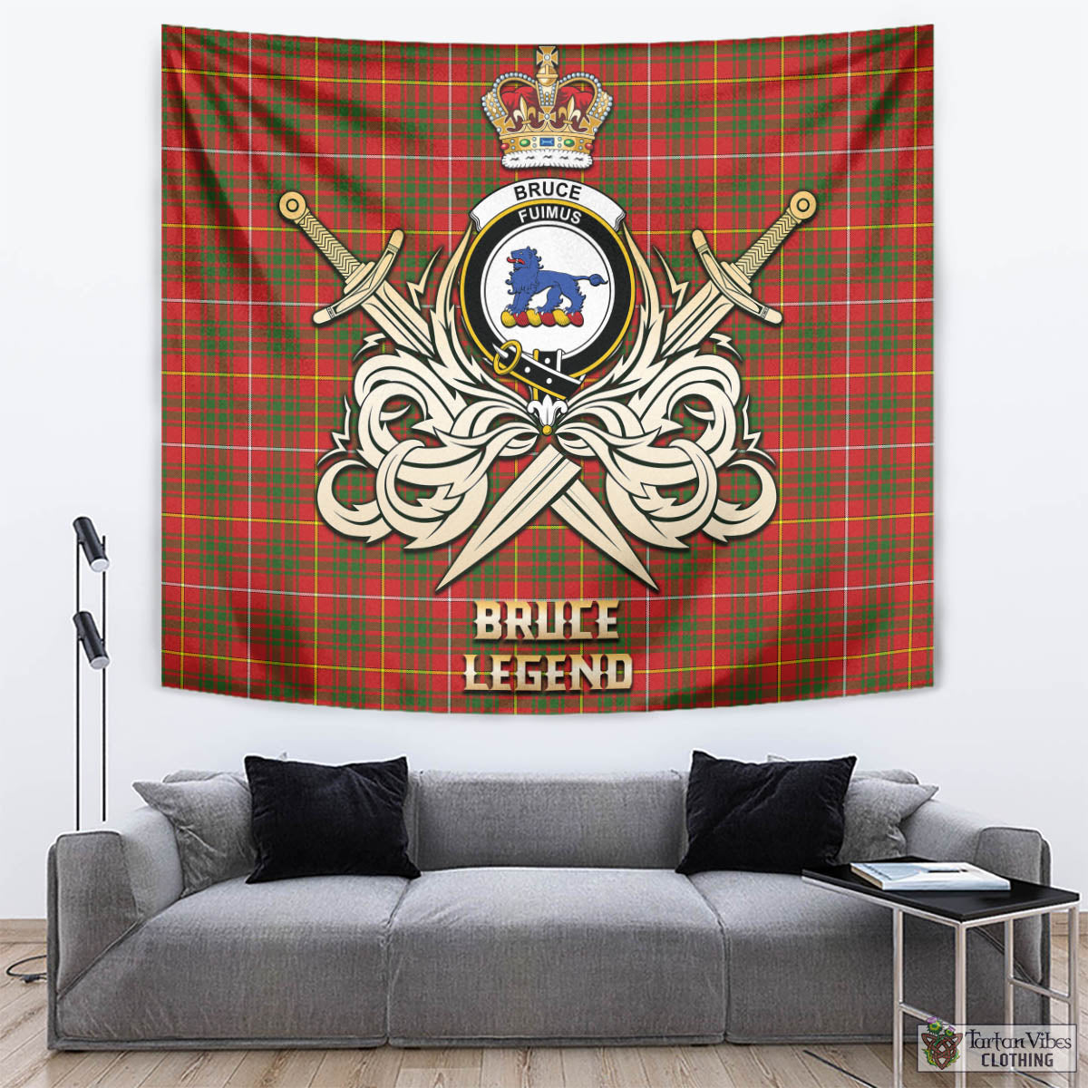 Tartan Vibes Clothing Bruce Modern Tartan Tapestry with Clan Crest and the Golden Sword of Courageous Legacy