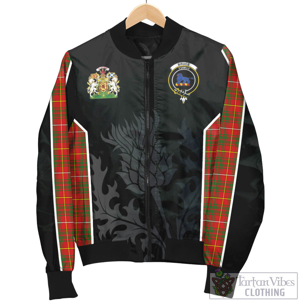 Tartan Vibes Clothing Bruce Modern Tartan Bomber Jacket with Family Crest and Scottish Thistle Vibes Sport Style