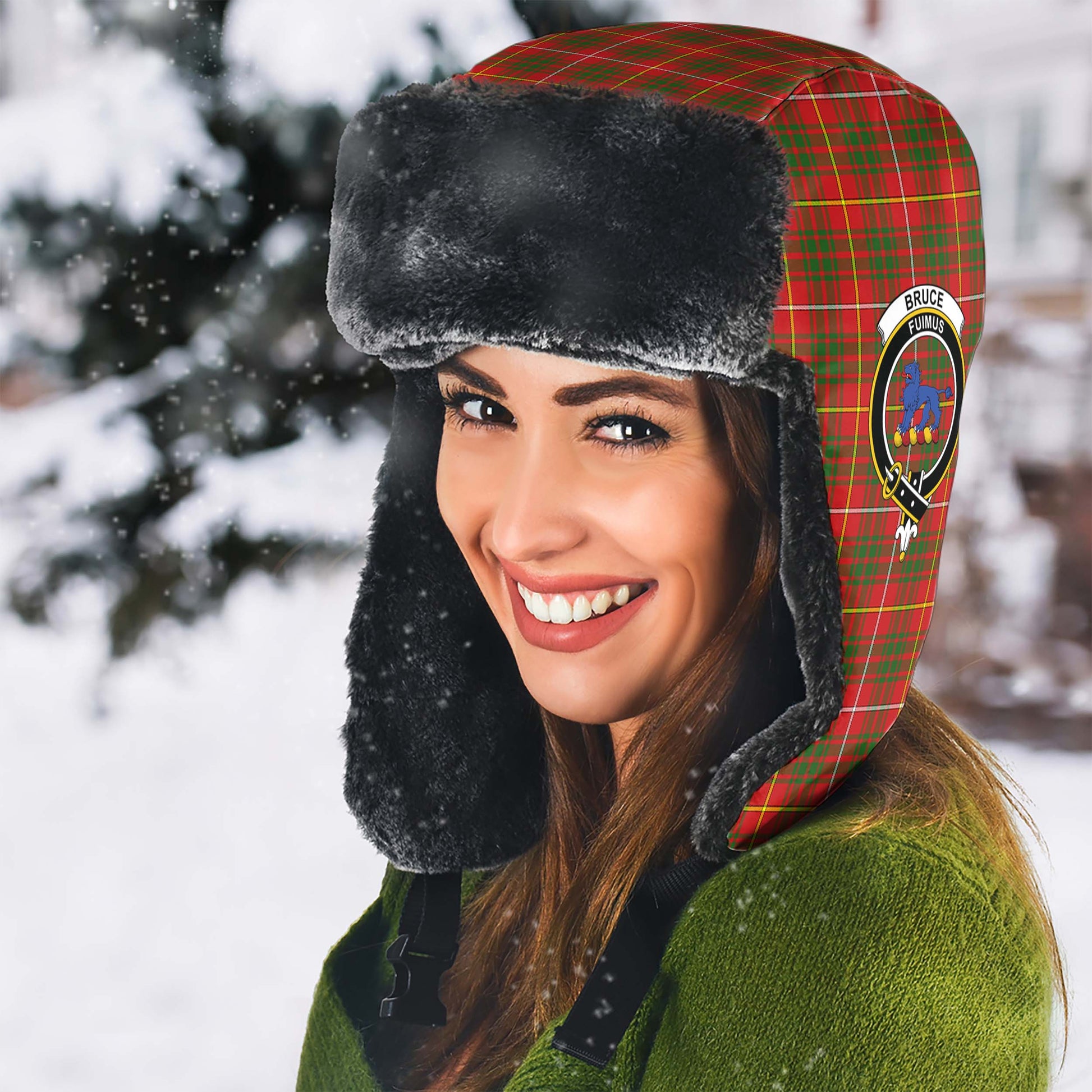 Bruce Modern Tartan Winter Trapper Hat with Family Crest - Tartanvibesclothing