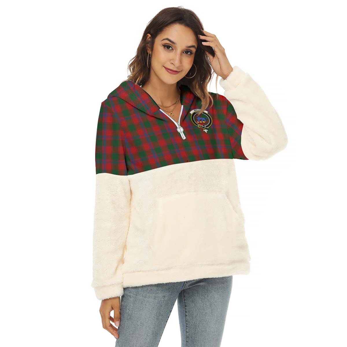 Bruce Old Tartan Women's Borg Fleece Hoodie With Half Zip with Family Crest Female - Tartan Vibes Clothing