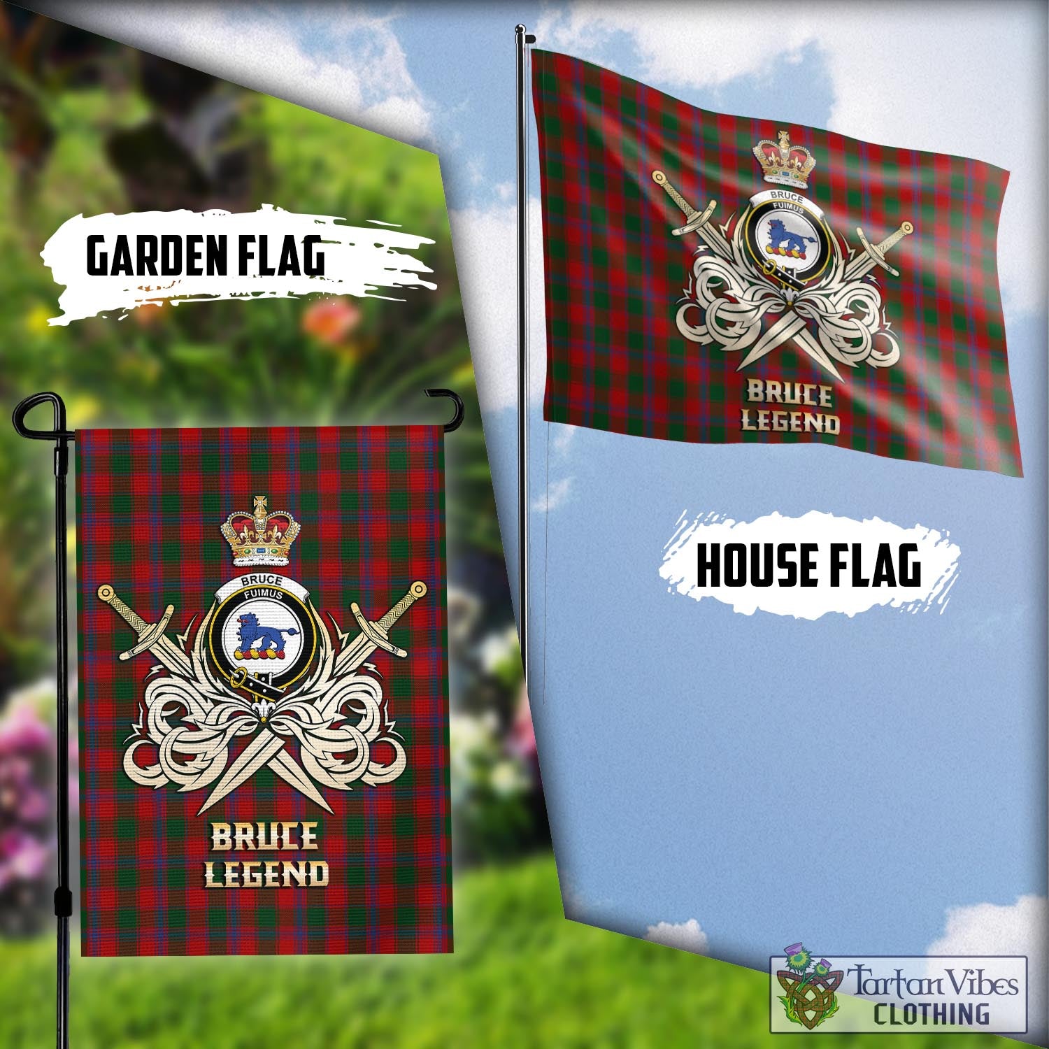 Tartan Vibes Clothing Bruce Old Tartan Flag with Clan Crest and the Golden Sword of Courageous Legacy