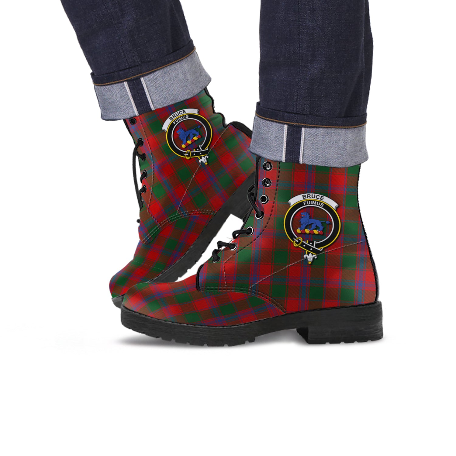 Bruce Old Tartan Leather Boots with Family Crest - Tartanvibesclothing