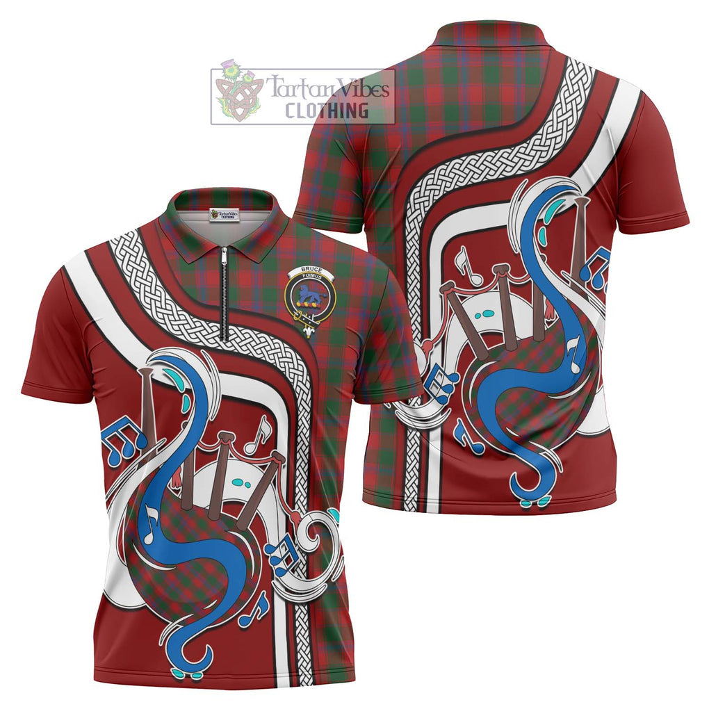 Bruce Old Tartan Zipper Polo Shirt with Epic Bagpipe Style Unisex - Tartanvibesclothing Shop