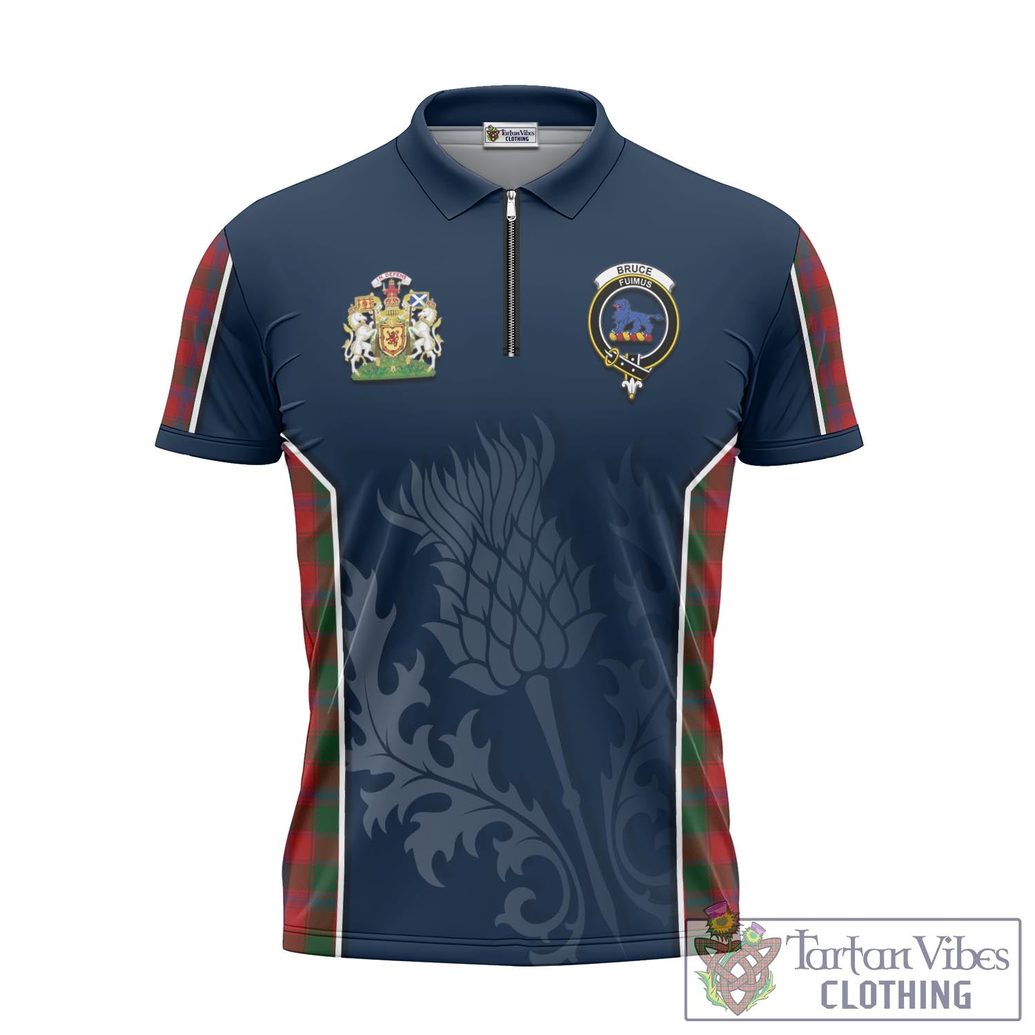 Tartan Vibes Clothing Bruce Old Tartan Zipper Polo Shirt with Family Crest and Scottish Thistle Vibes Sport Style