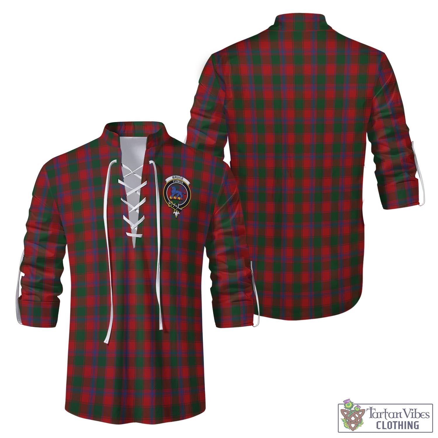 Tartan Vibes Clothing Bruce Old Tartan Men's Scottish Traditional Jacobite Ghillie Kilt Shirt with Family Crest