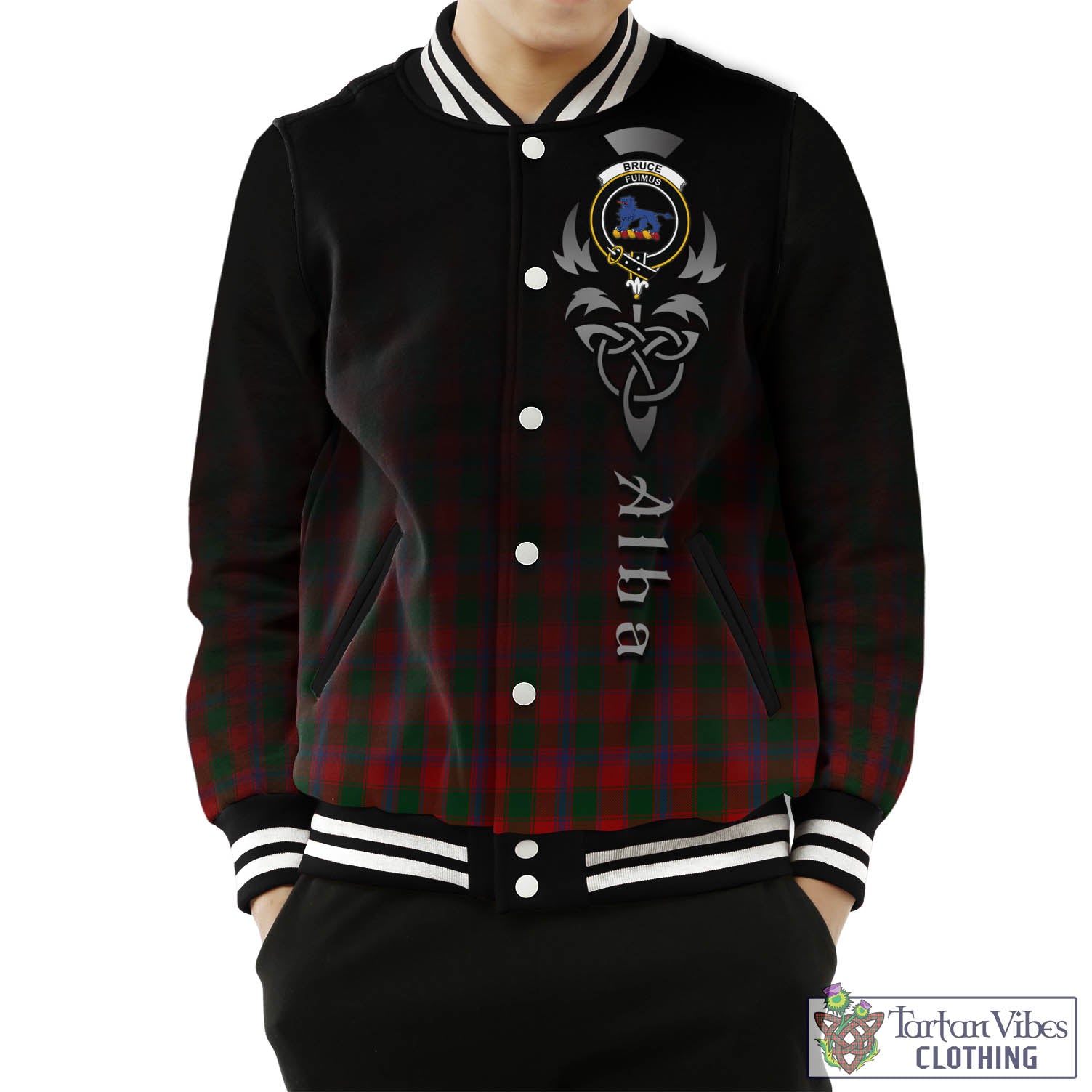 Tartan Vibes Clothing Bruce Old Tartan Baseball Jacket Featuring Alba Gu Brath Family Crest Celtic Inspired