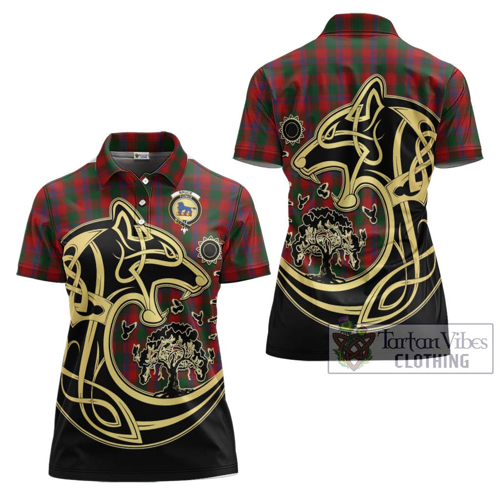 Bruce Old Tartan Women's Polo Shirt with Family Crest Celtic Wolf Style Women - Tartanvibesclothing Shop