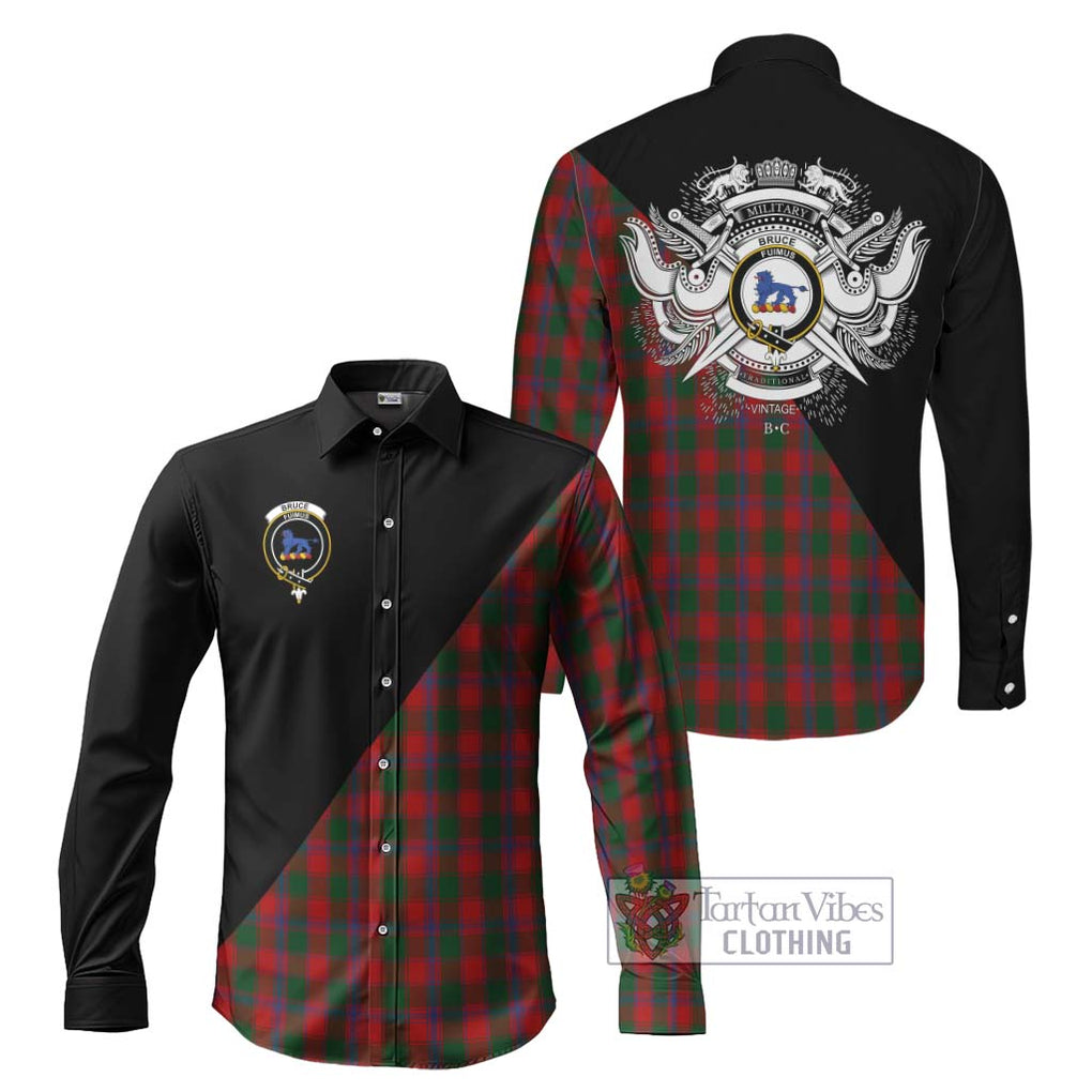 Bruce Old Tartan Long Sleeve Button Shirt with Family Crest and Military Logo Style Men's Shirt S - Tartanvibesclothing Shop