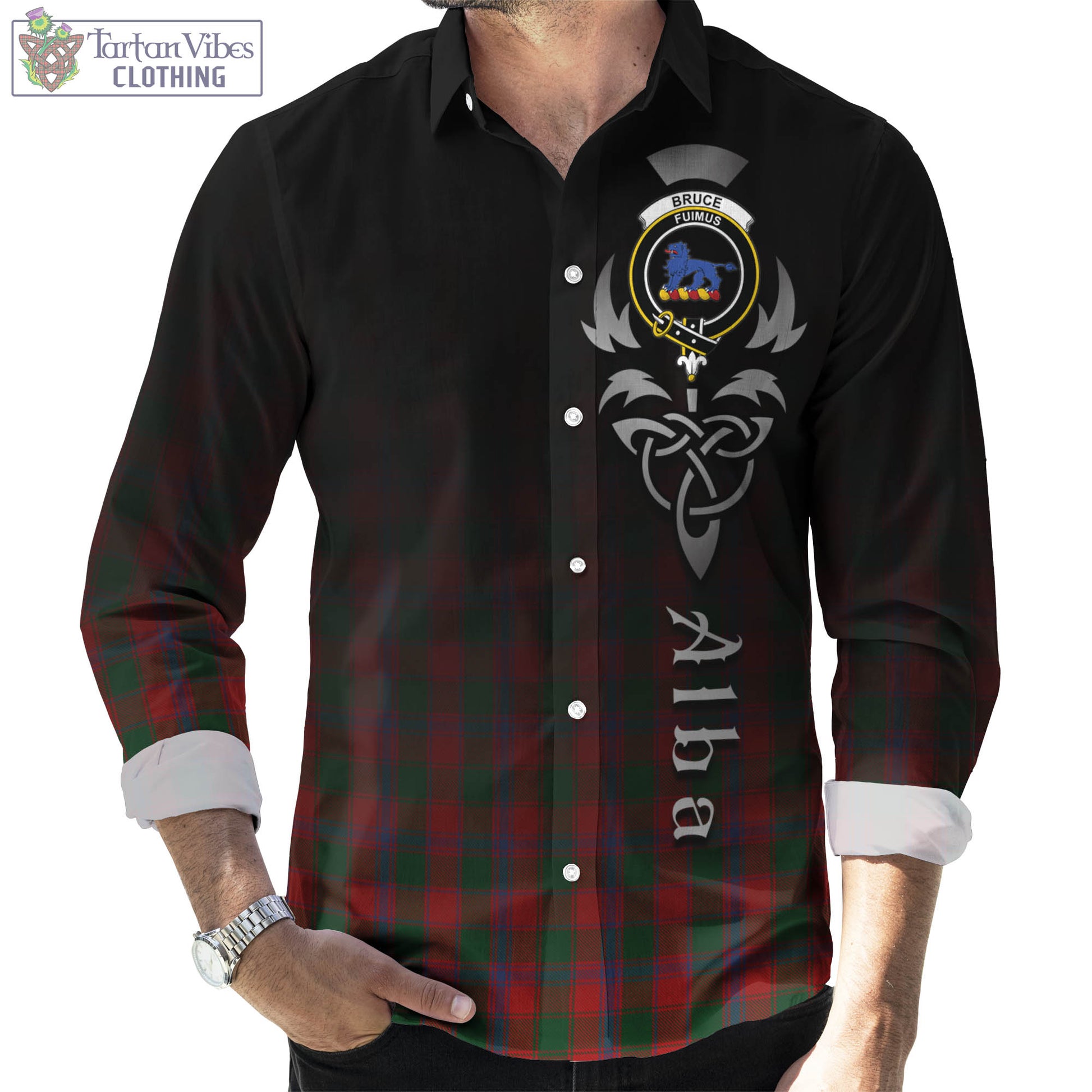 Tartan Vibes Clothing Bruce Old Tartan Long Sleeve Button Up Featuring Alba Gu Brath Family Crest Celtic Inspired