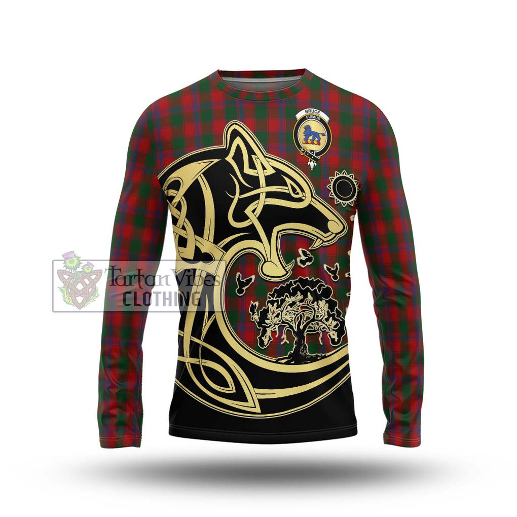 Bruce Old Tartan Long Sleeve T-Shirt with Family Crest Celtic Wolf Style Unisex - Tartan Vibes Clothing