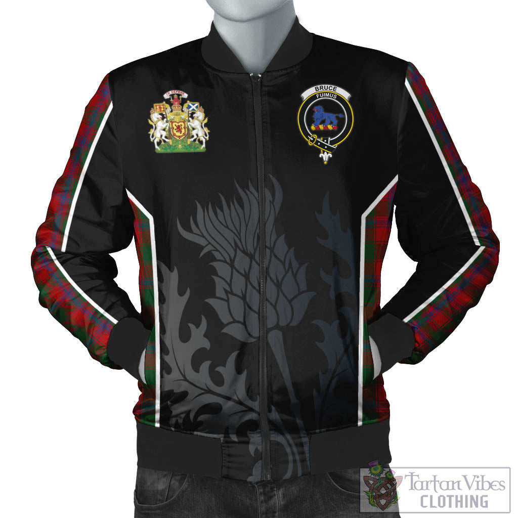 Tartan Vibes Clothing Bruce Old Tartan Bomber Jacket with Family Crest and Scottish Thistle Vibes Sport Style