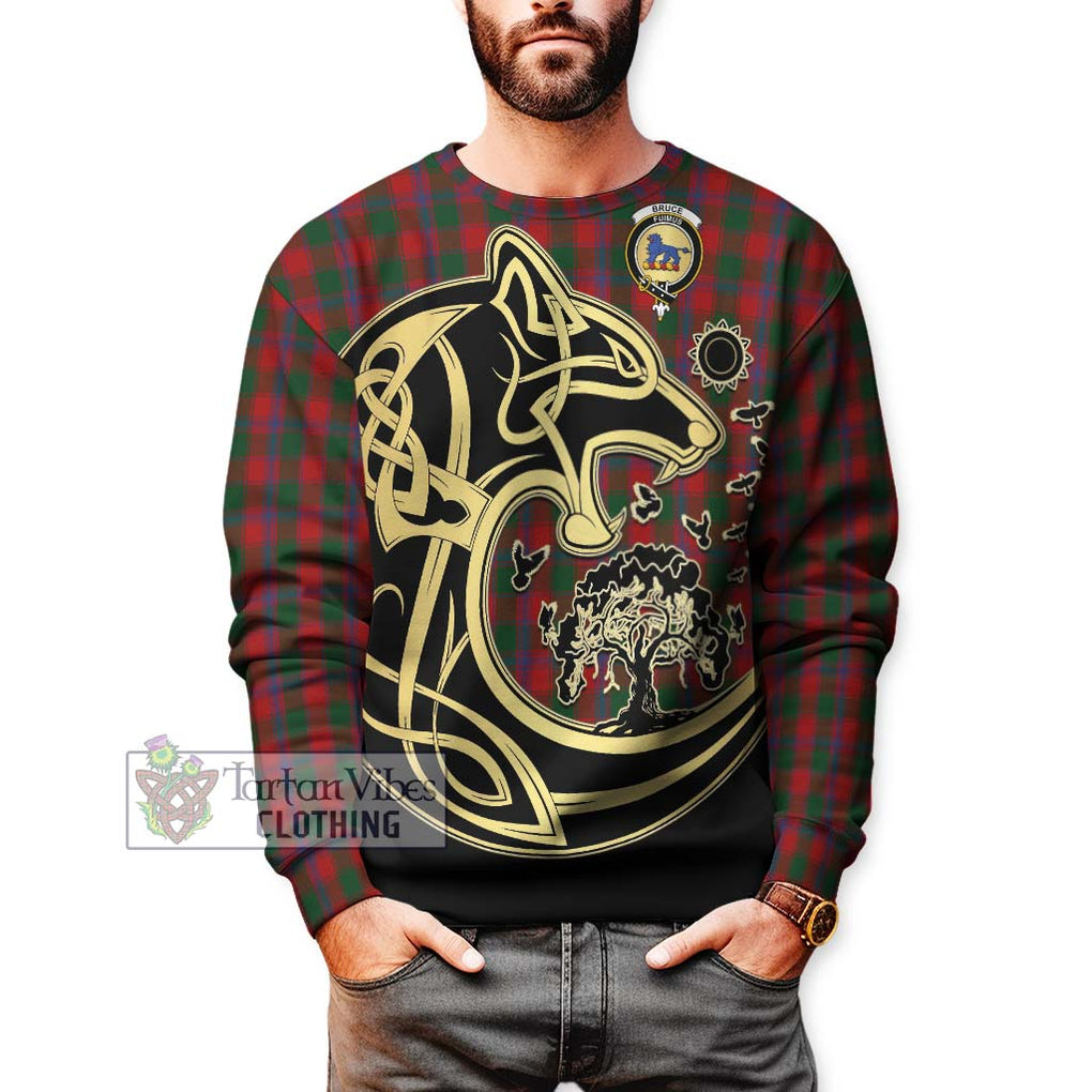 Bruce Old Tartan Sweatshirt with Family Crest Celtic Wolf Style Unisex - Tartan Vibes Clothing