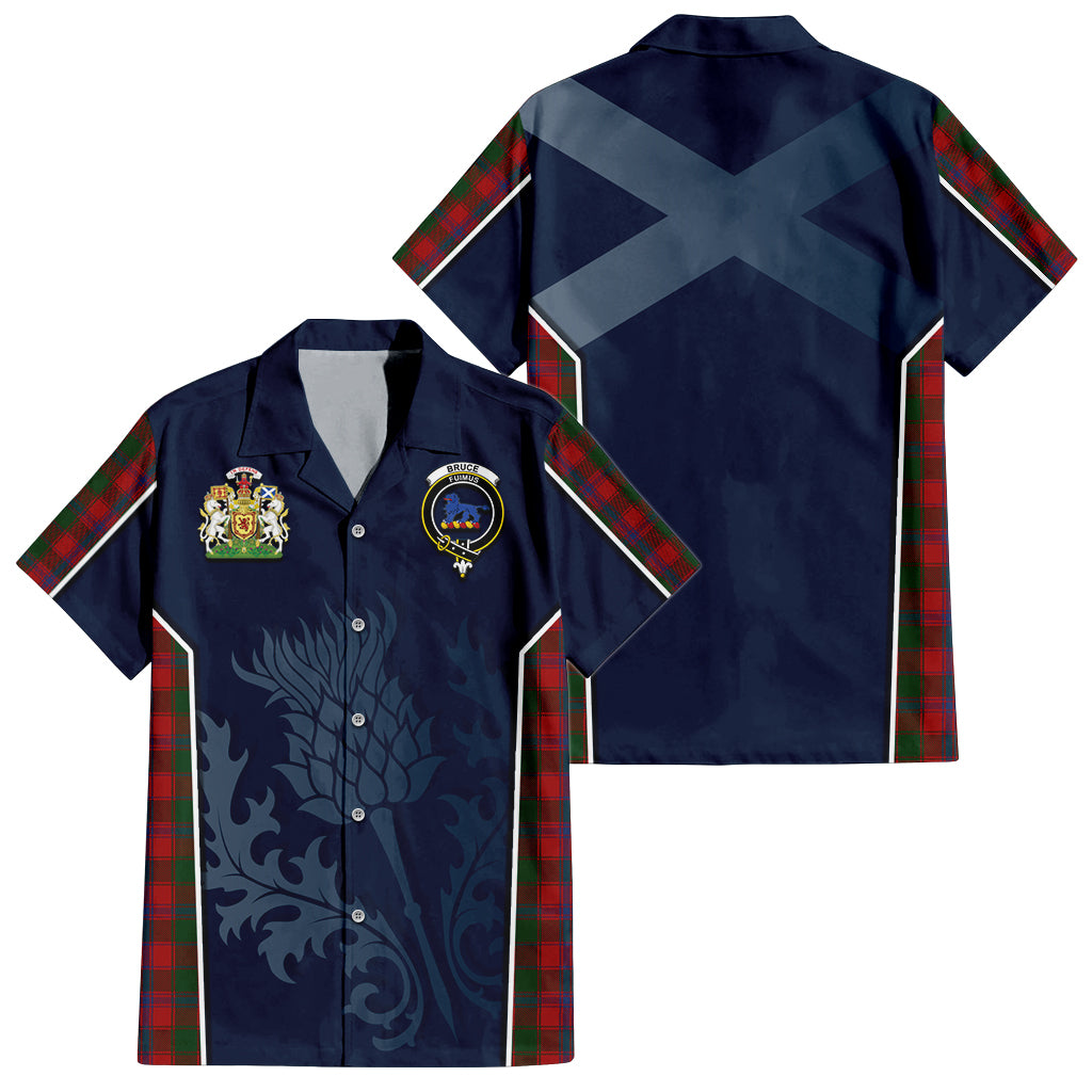 Tartan Vibes Clothing Bruce Old Tartan Short Sleeve Button Up Shirt with Family Crest and Scottish Thistle Vibes Sport Style