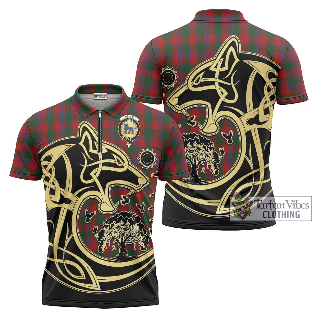 Bruce Old Tartan Zipper Polo Shirt with Family Crest Celtic Wolf Style Unisex - Tartanvibesclothing Shop